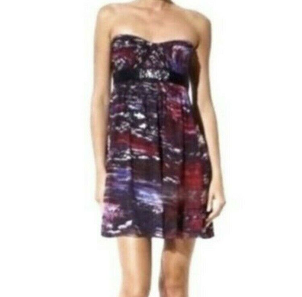 BCBGMaxAzria Mini Dress Strapless Sheer Silk Purple Watercolor Beaded size 0